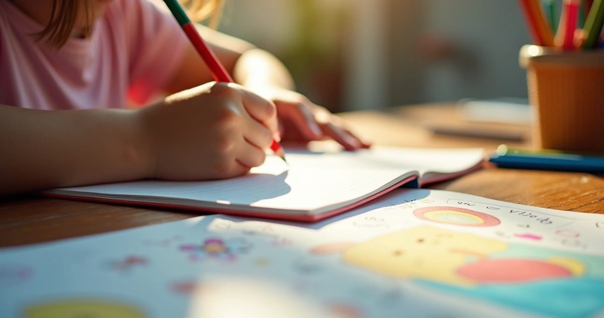 Criança escrevendo em diário colorido com lápis em mesa de madeira 