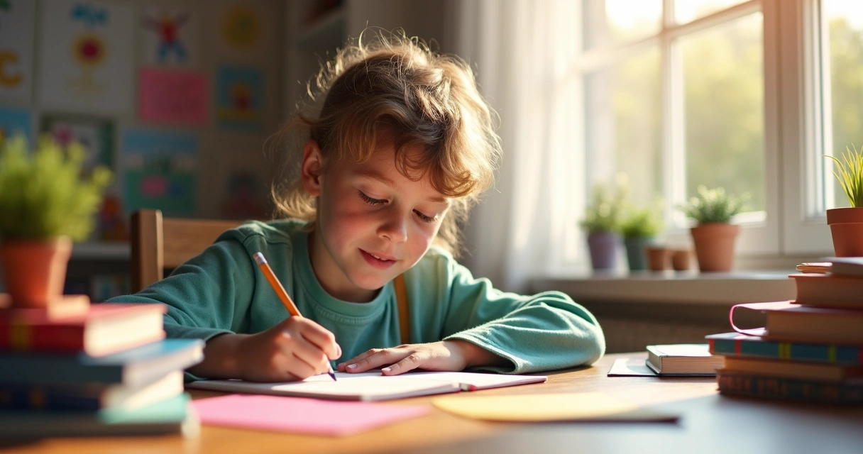 Criança de cerca de sete anos sentada à mesa escrevendo 