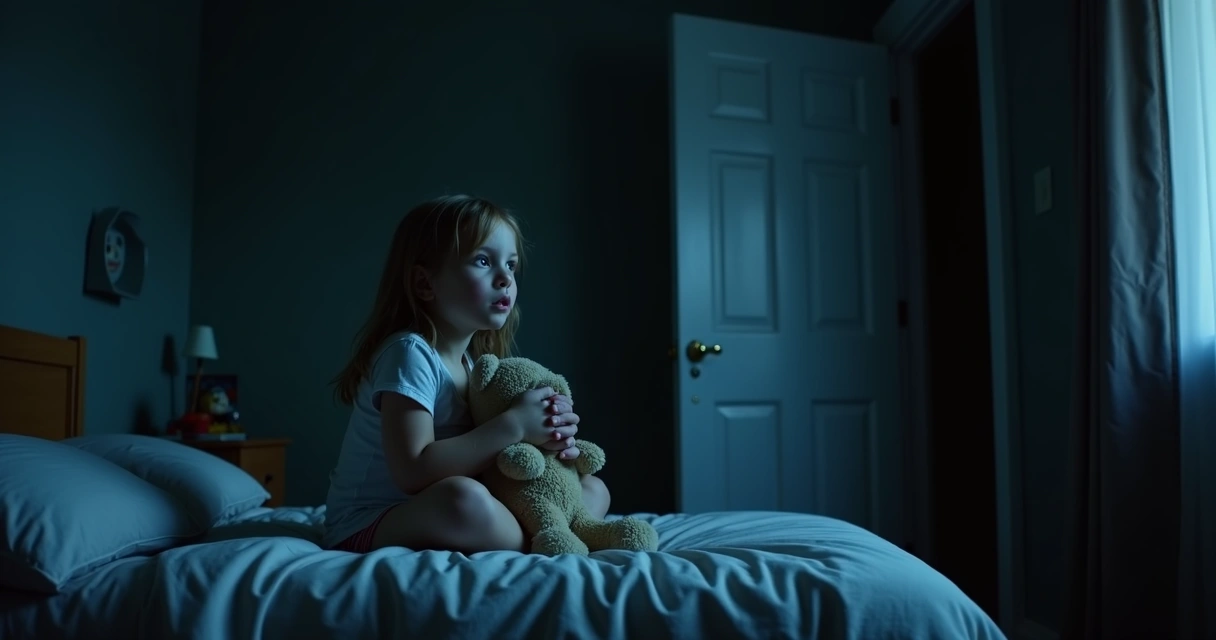 Menina olhando para a porta do quarto escuro com expressão assustada 