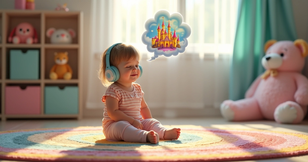 Criança ouvindo audiolivro e imaginando um castelo 