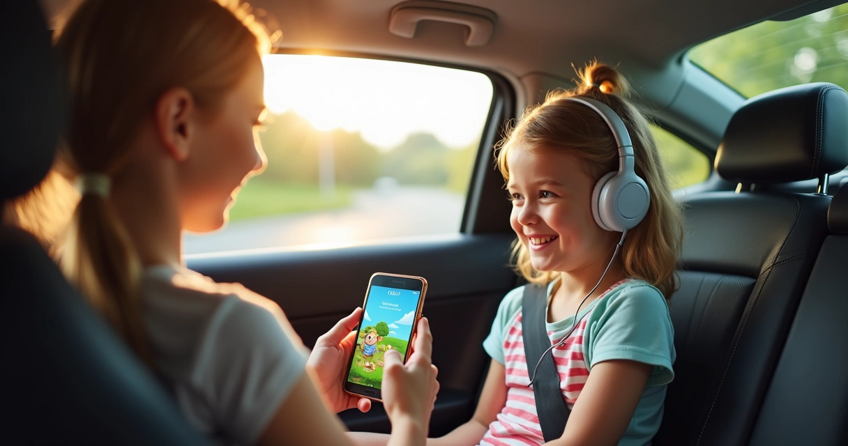 Criança ouvindo historinha em aplicativo no celular durante viagem de carro 