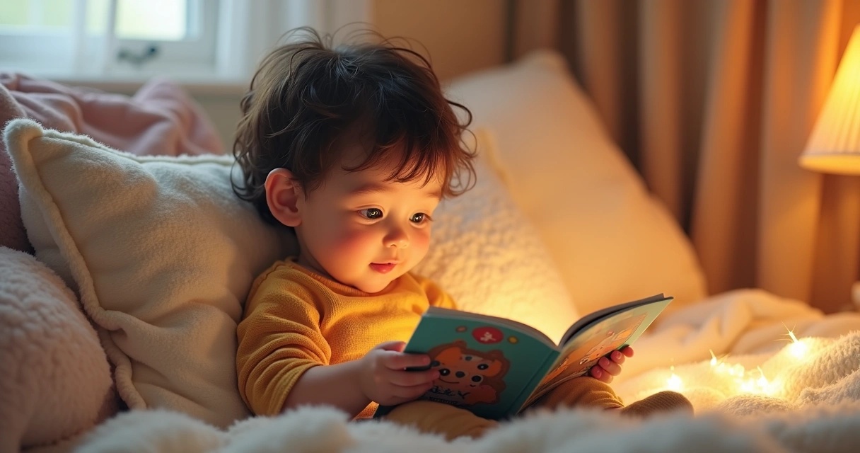 Criança sentada lendo livro ilustrado com personagem infantil imperfeito, ambiente acolhedor e iluminado, cores suaves e detalhadas 