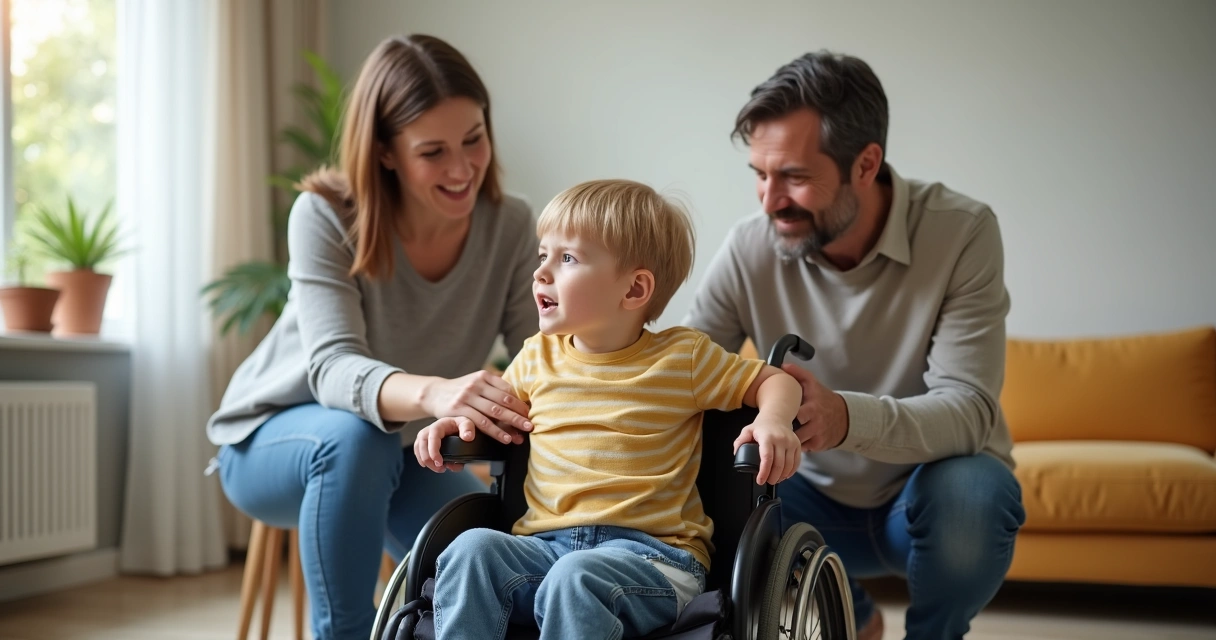 Criança com deficiência rodeada pelos pais atentos 