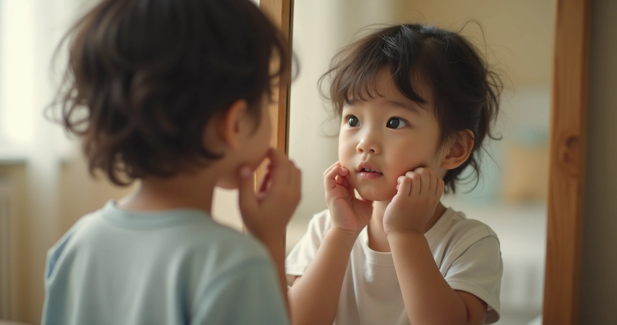 Criança olhando seu reflexo no espelho 