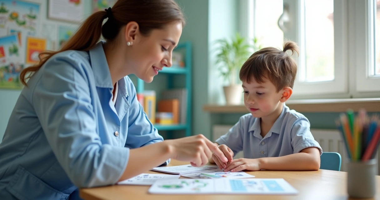 Criança estudando com apoio de adulto em mesa escolar