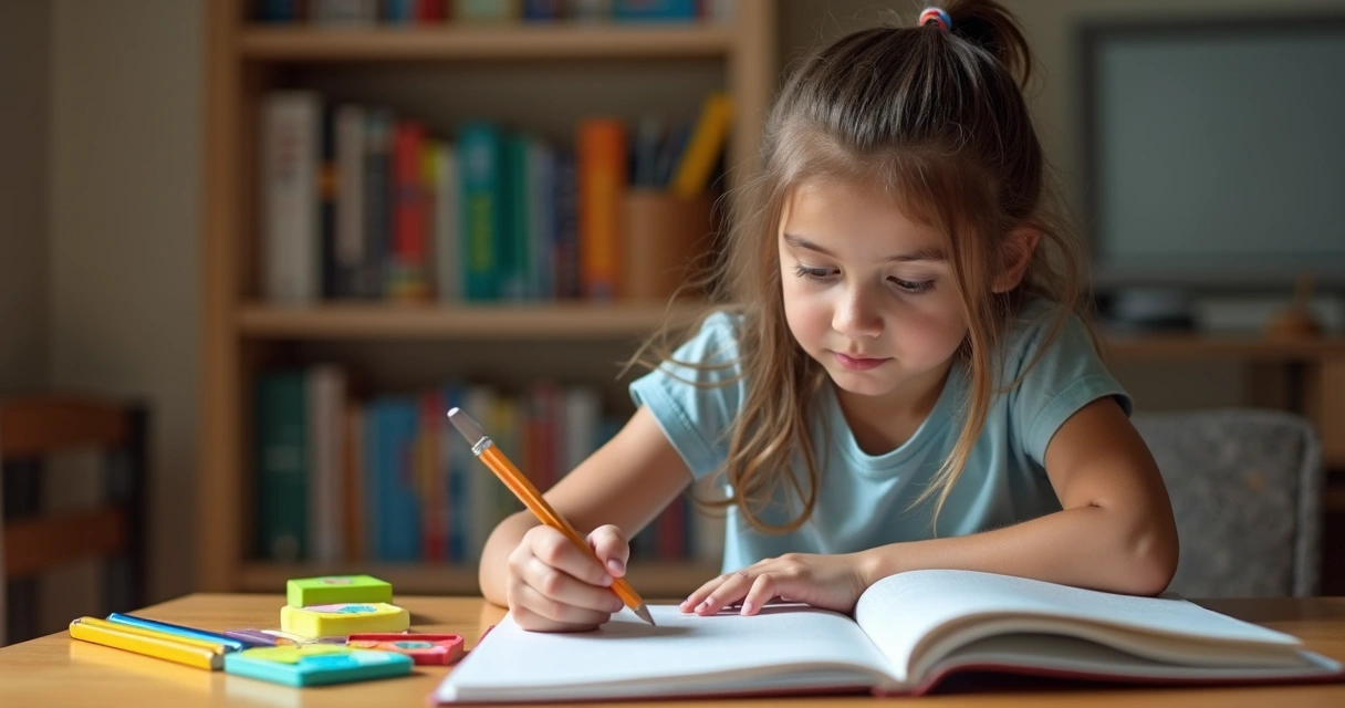 Criança estudando em casa usando tablet e caderno 