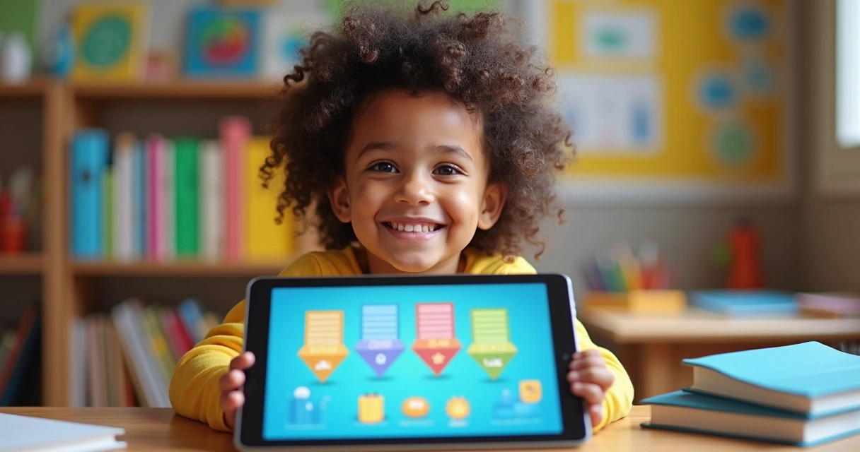 Criança estudando sorrindo diante de um tablet com gráficos coloridos na tela 