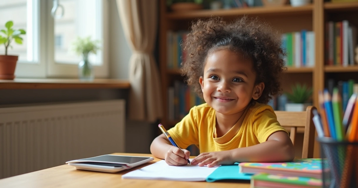 Criança concentrada estudando em mesa organizada com livros e caderno ao lado 