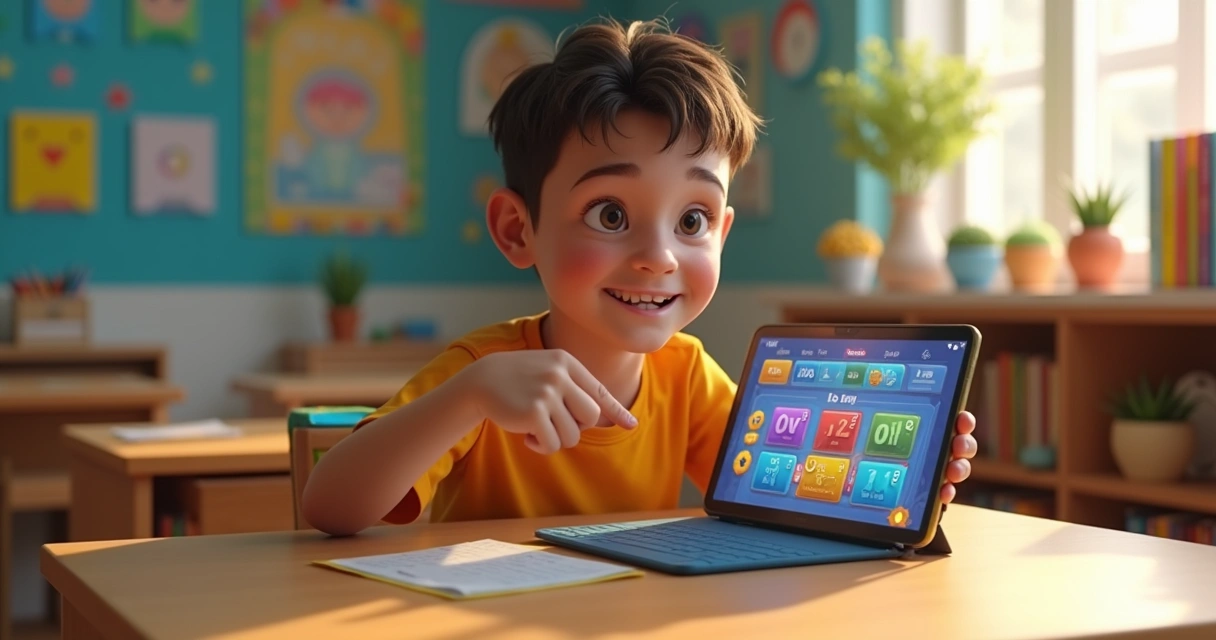 Menino estudando com tablet interativo na mesa 