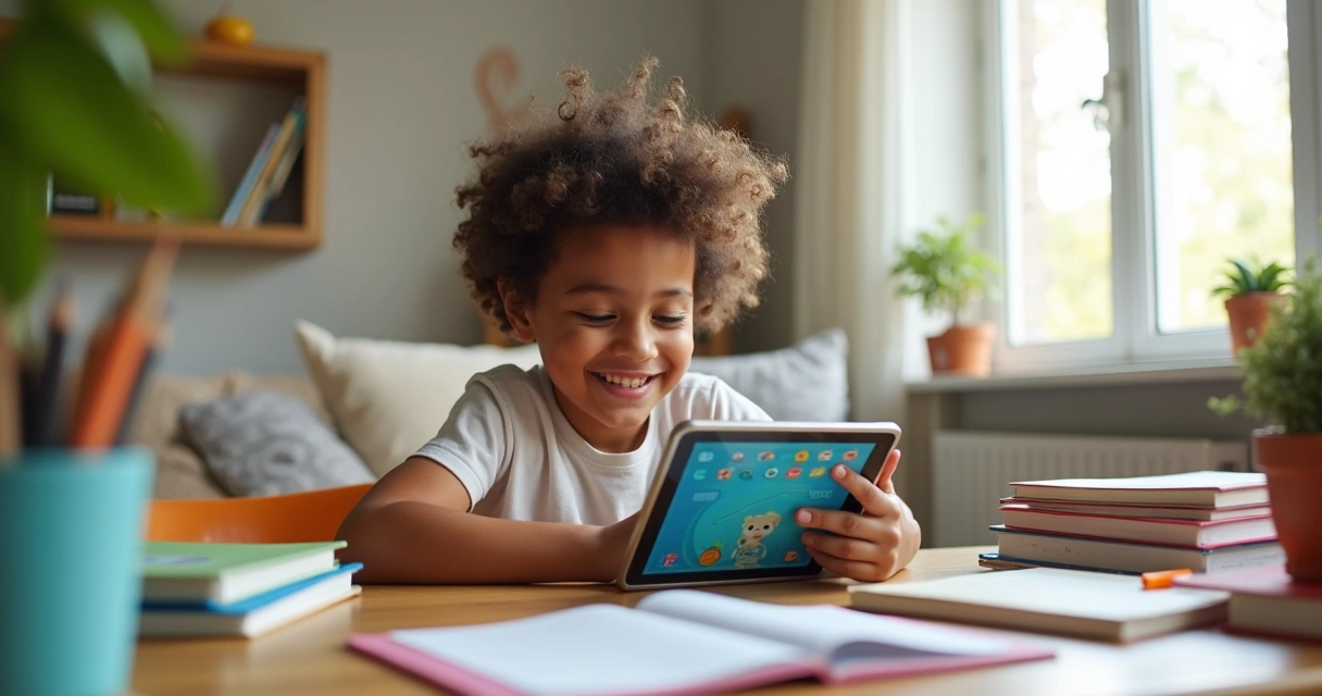 Criança estudando com tablet e livros coloridos 