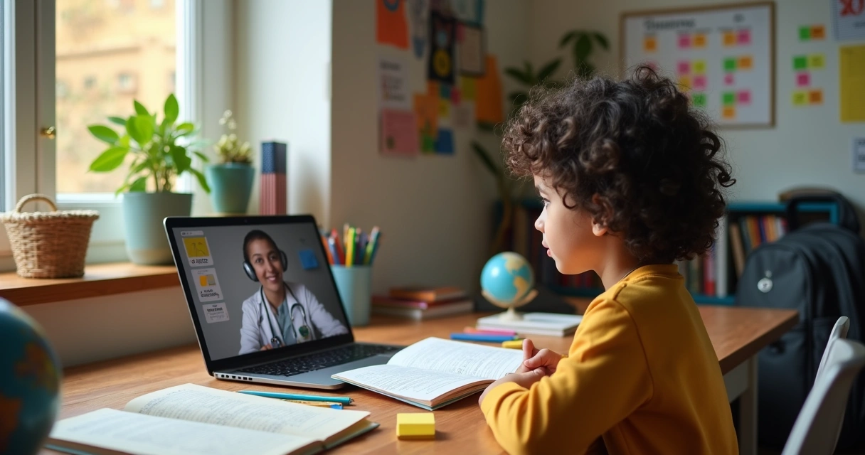 Criança em mesa de estudos conversando com terapeuta bilíngue por videochamada no notebook 