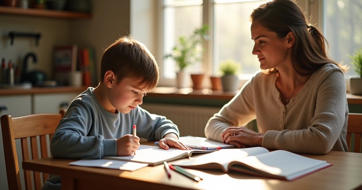 Criança estudando com apoio familiar à mesa 