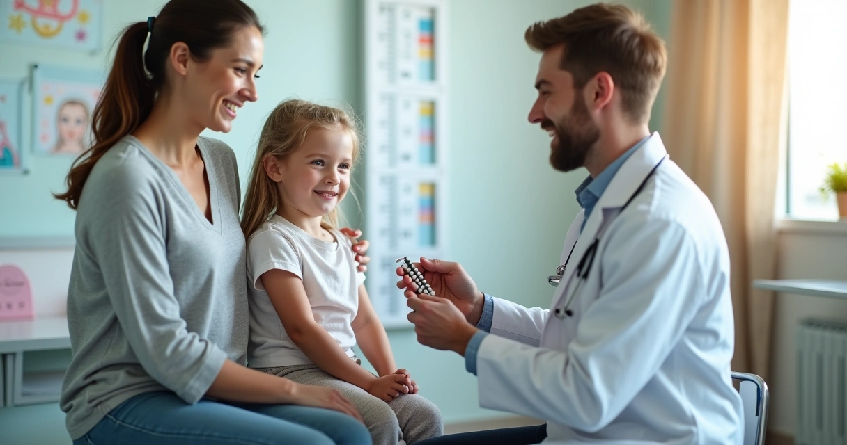 Criança tranquila em consulta pediátrica enquanto médico mostra um orquidômetro 