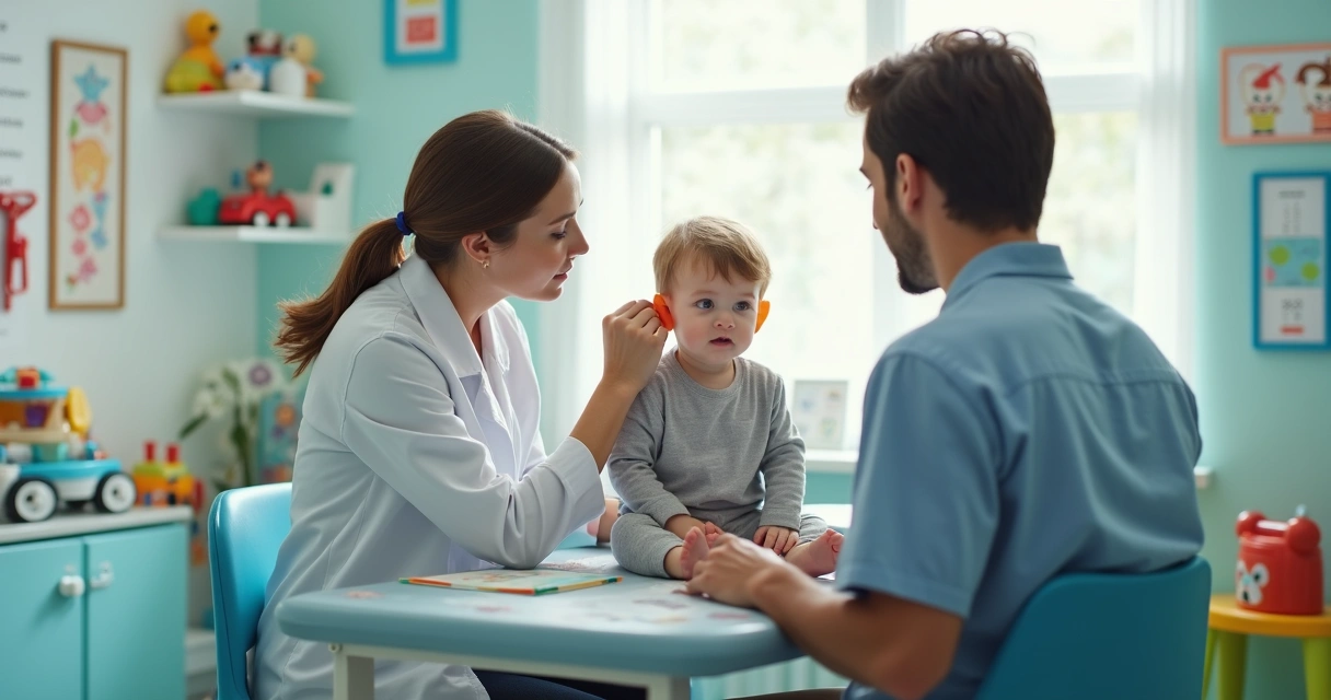 Médico examinando ouvido de criança em ambiente pediátrico
