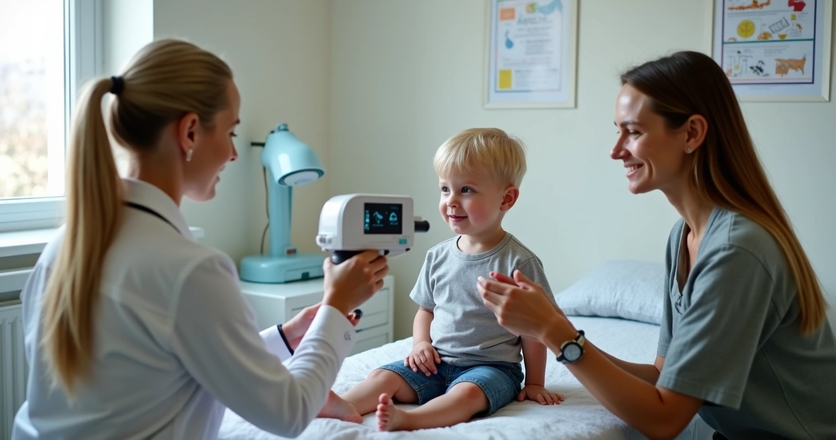 Menino recebendo exame de orquidometria com orquidômetro em consultório, mãe presente