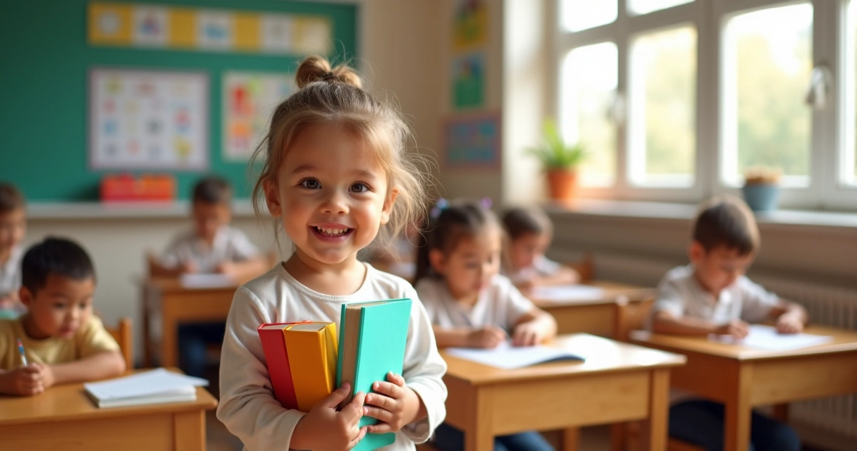 Menino segurando livros coloridos no colo enquanto sorri em uma sala de aula clara 