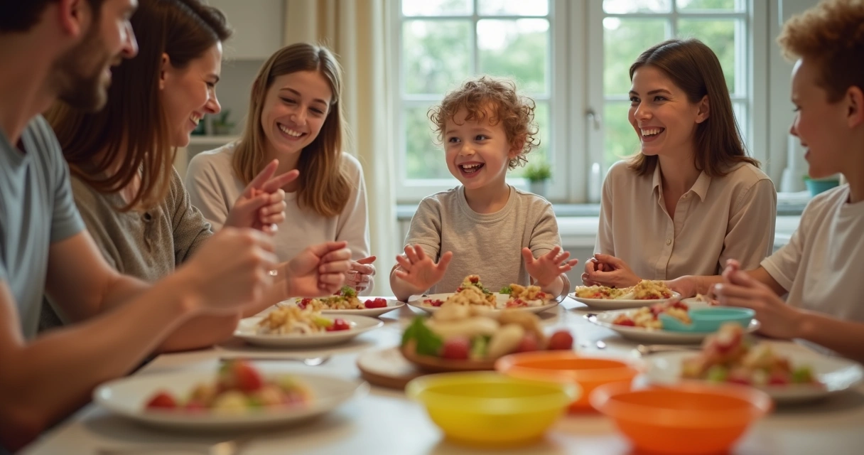 Criança conversando alegremente com família à mesa 