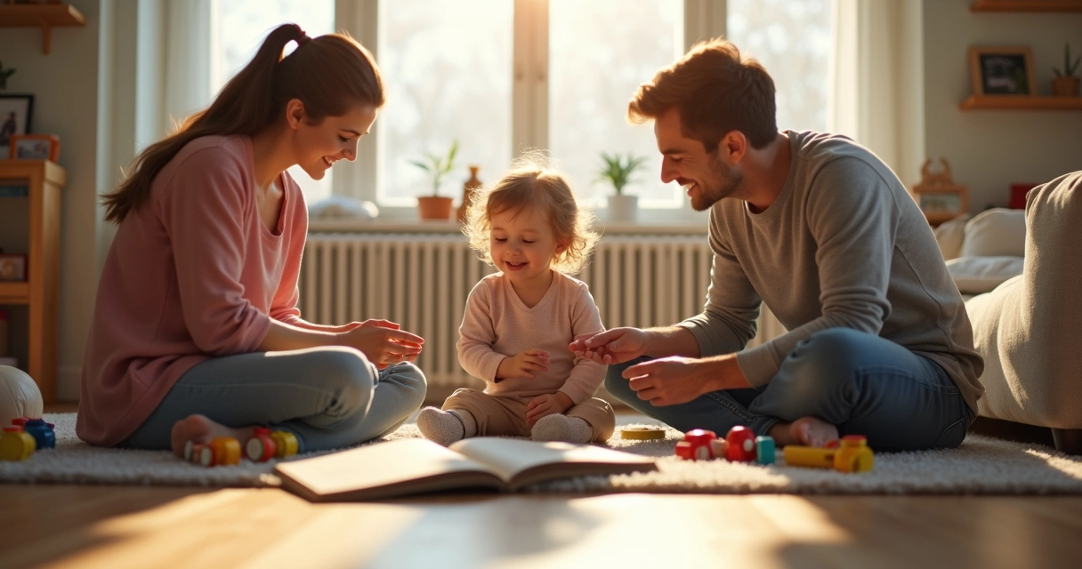 Criança brincando com adultos em ambiente familiar 