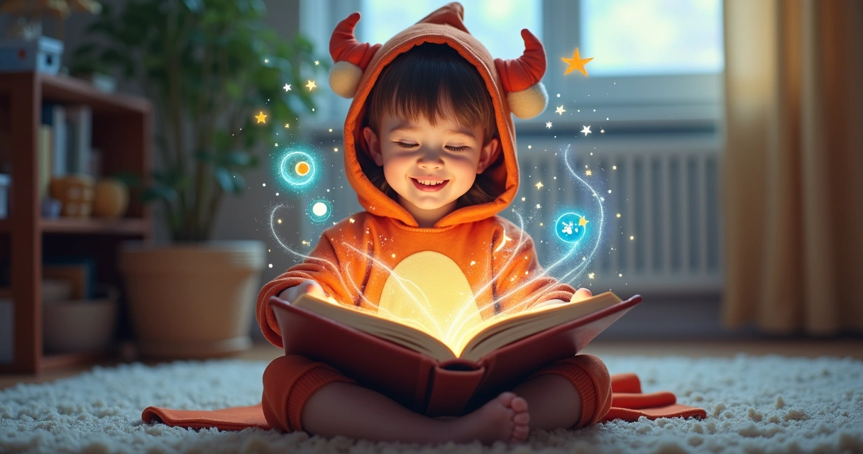 Criança sorridente usando fantasia lendo livro com figuras mágicas saindo das páginas 