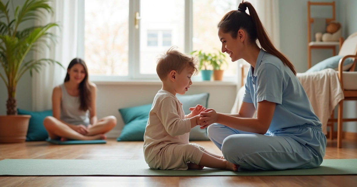 Criança fazendo exercício com fisioterapeuta em ambiente acolhedor 