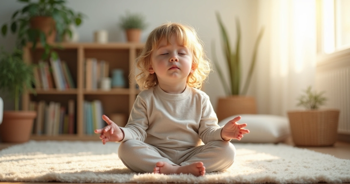Criança sentada em posição de meditação em tapete fofo 