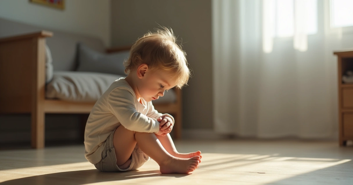 Criança sentada em um canto com olhar apreensivo, abraçando os joelhos. 