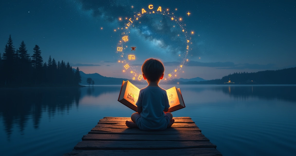 Criança fecha livro infantil brilhante em cenário de noite estrelada 