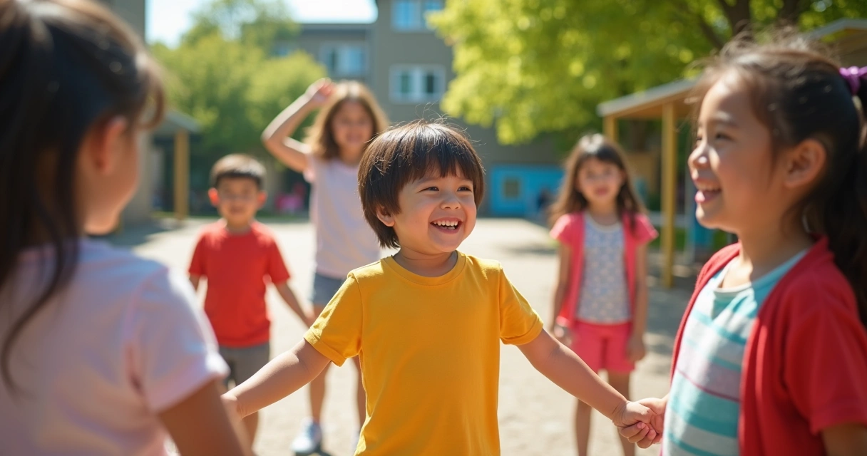 Crianças sorrindo juntas no pátio da escola após brincarem 