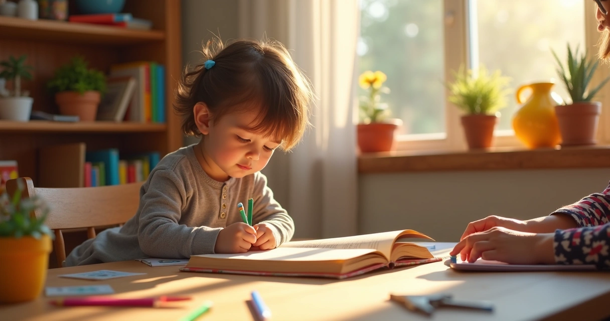 Criança curiosa aprendendo em um canto de casa acolhedor 