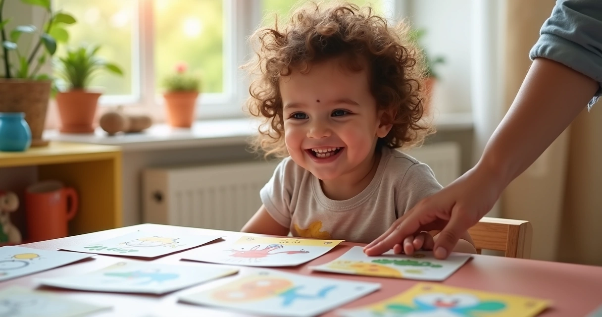 Criança sorridente olhando cartas educativas em mesa colorida