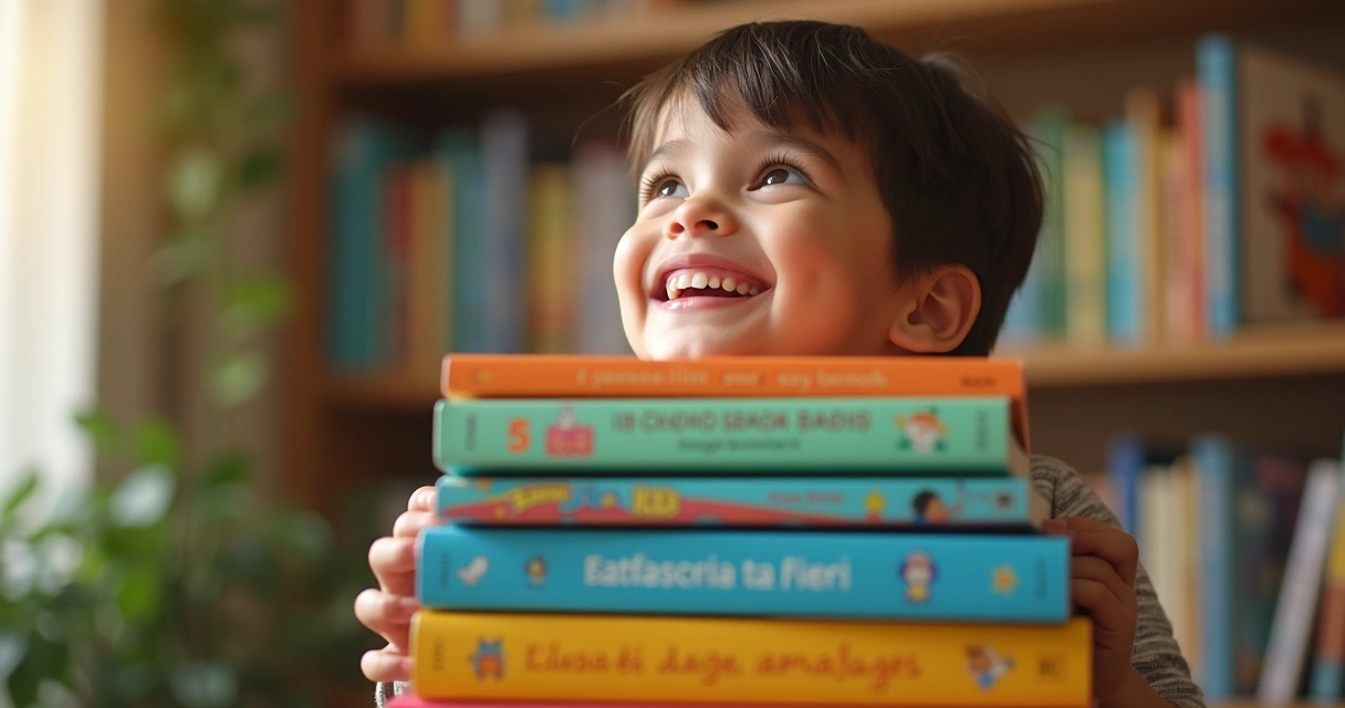 Criança feliz segurando livros infantis curtos 