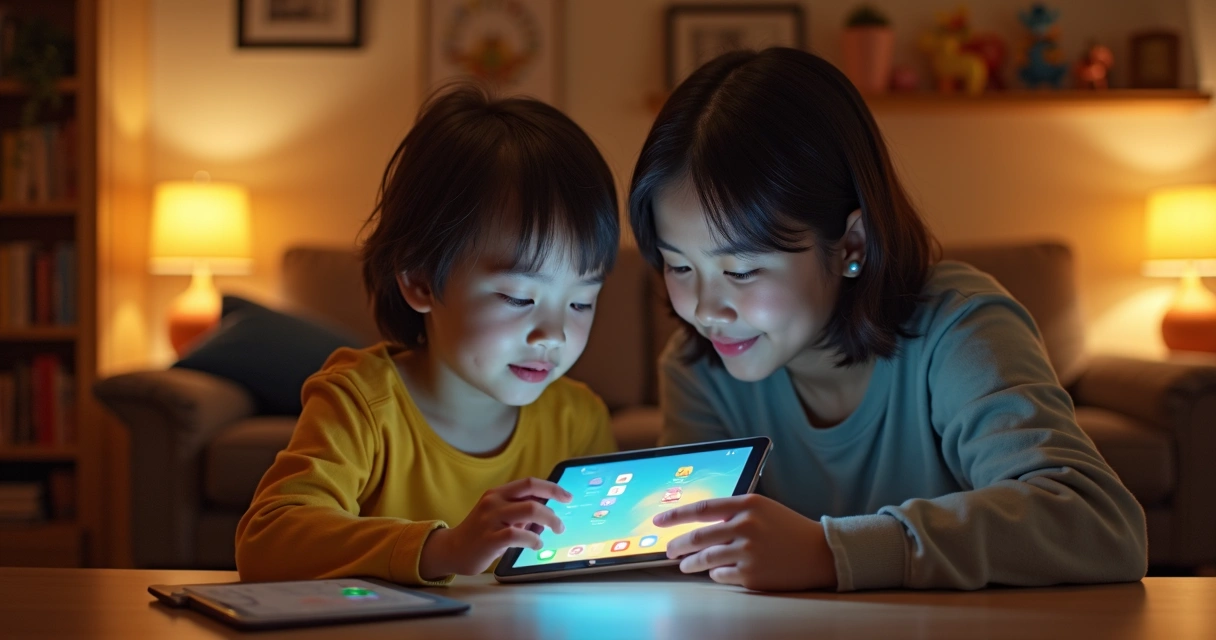 Criança usando tablet, pais acompanhando atentos 