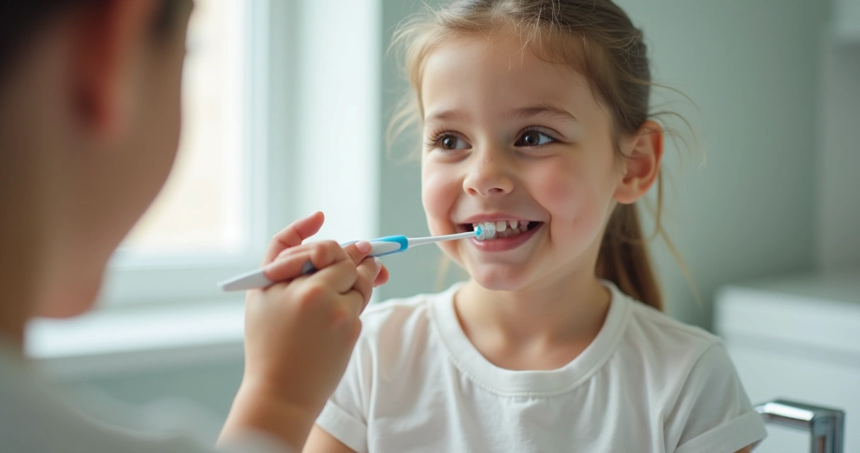 Criança passando fio dental sozinha no banheiro, feliz 