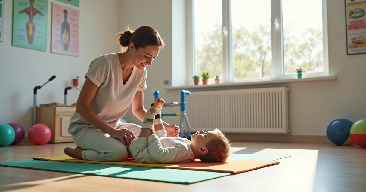 Criança em fisioterapia com terapeuta segurando delicadamente suas pernas 