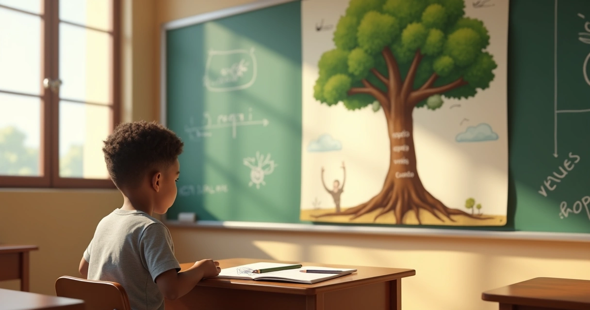 Criança em sala de aula observando ilustração de árvore com valores éticos nas raízes 