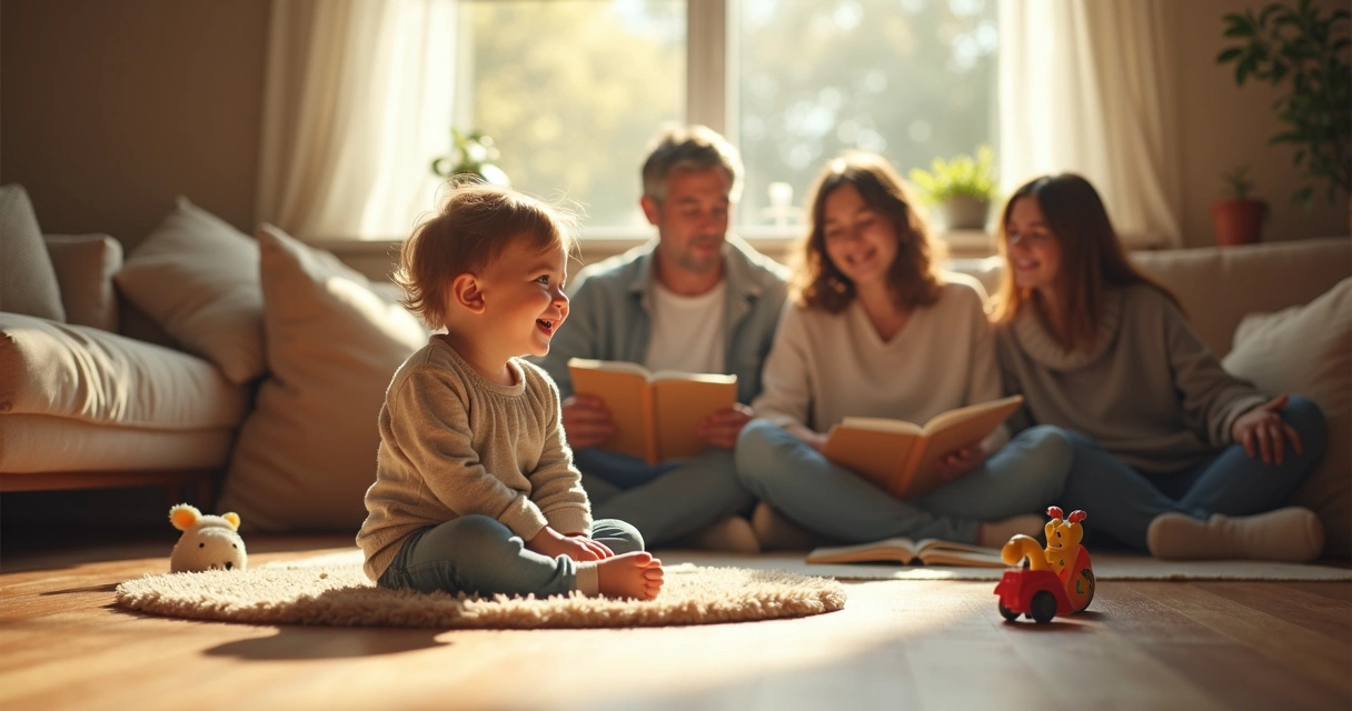Criança sorrindo ao lado da família, todos reunidos na sala 