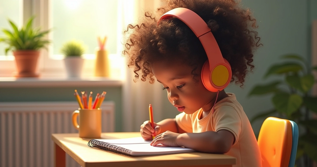 Criança usando headset colorido e desenhando em caderno na mesa 