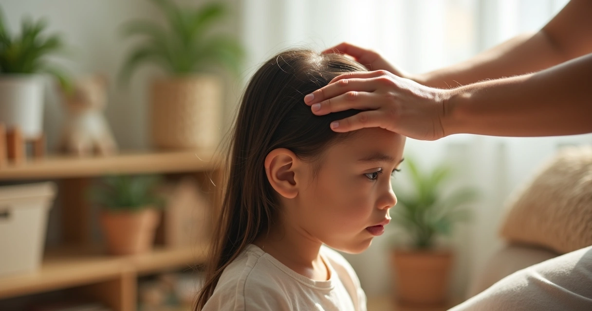 Criança com cabelos úmidos recebendo hidratação capilar com óleo natural em ambiente iluminado e aconchegante 