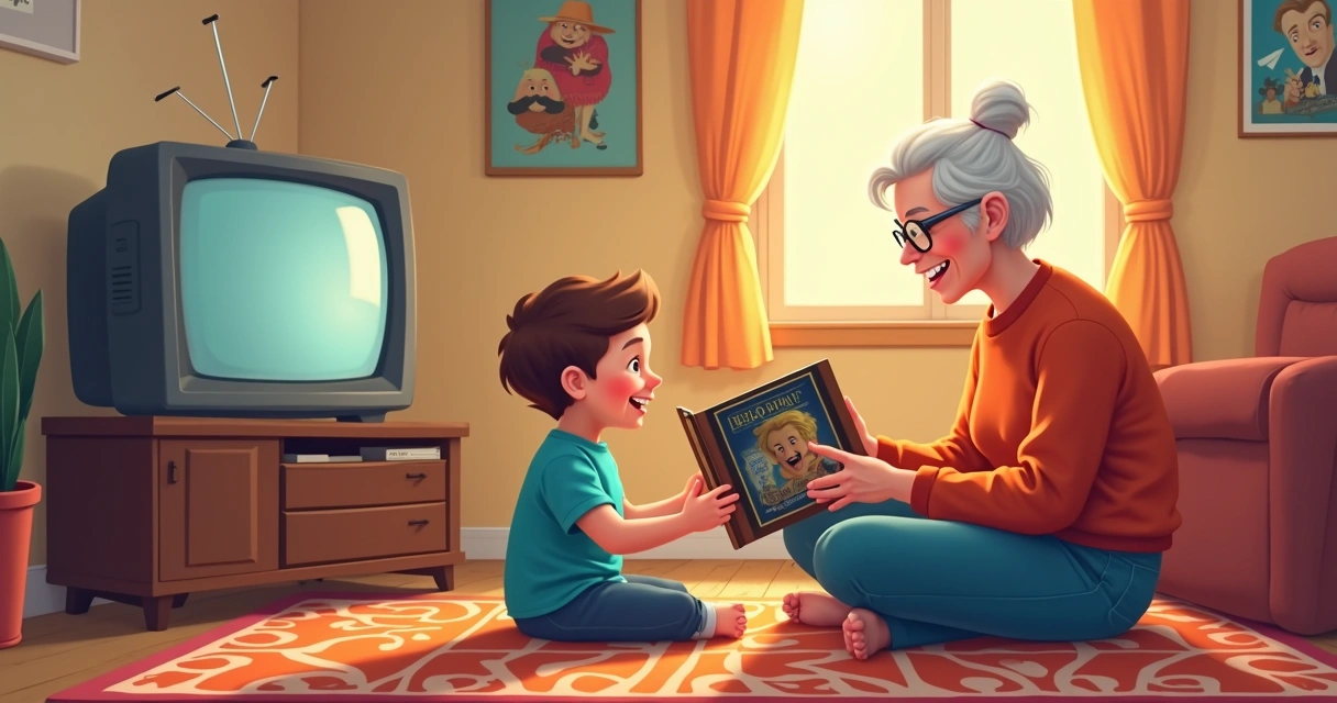 Criança e idoso conversando sobre filme clássico na sala 