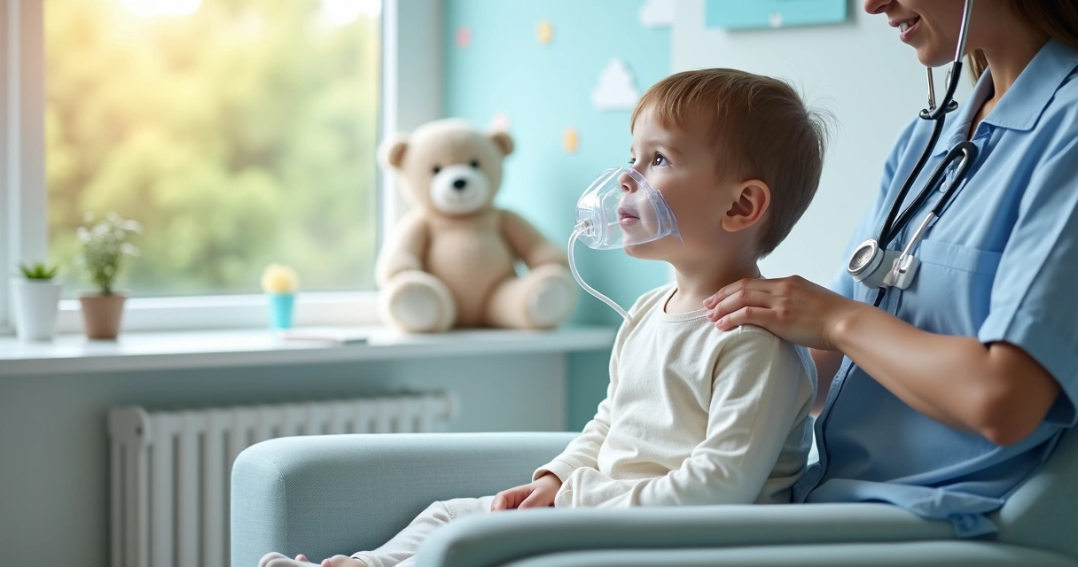 Criança pequena fazendo inalação com máscara em consultório pediátrico 