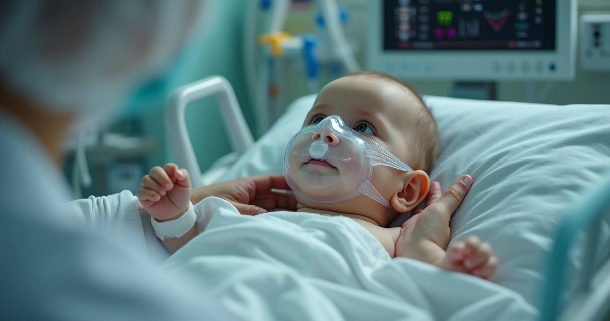 Bebê em hospital com máscara de oxigênio, monitoramento médico e ambiente hospitalar 