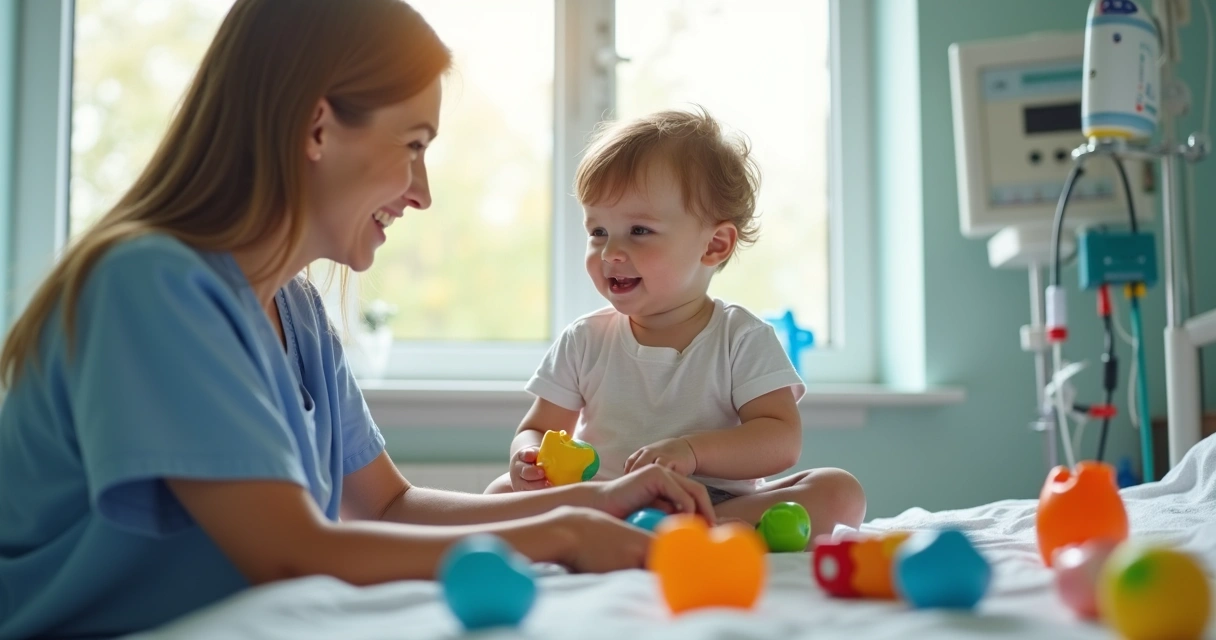 Criança saudável brincando no hospital com brinquedos.