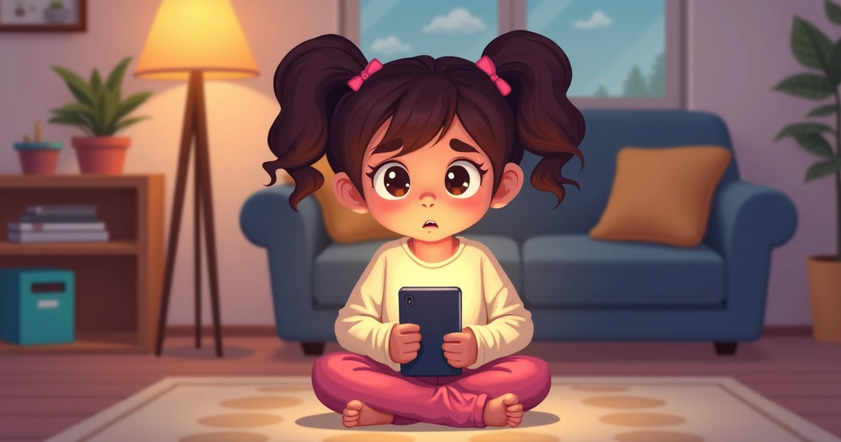 Menina pequena usando smartphone em ambiente doméstico, de expressão preocupada 