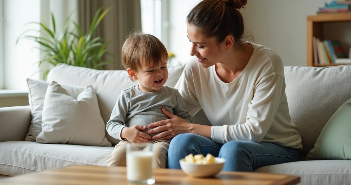 Criança com desconforto abdominal sentada no sofá ao lado da mãe atenta 