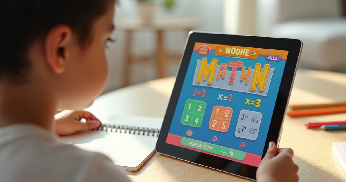Criança utilizando tablet para jogos matemáticos escolares na mesa