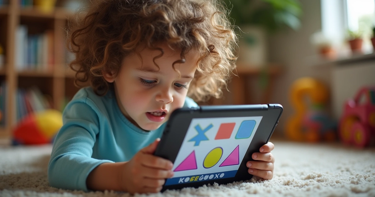 Criança resolve jogo de lógica no tablet 