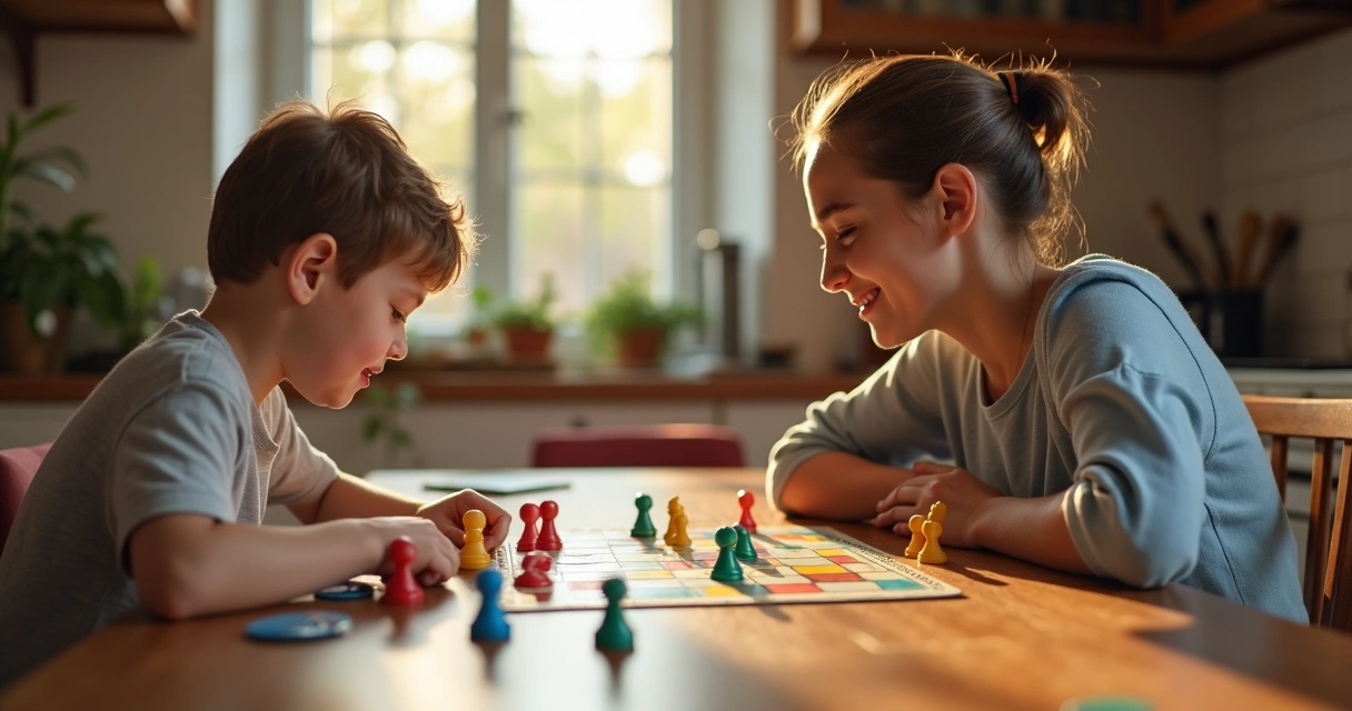 Criança concentrada jogando tabuleiro com adulto sorrindo ao lado 