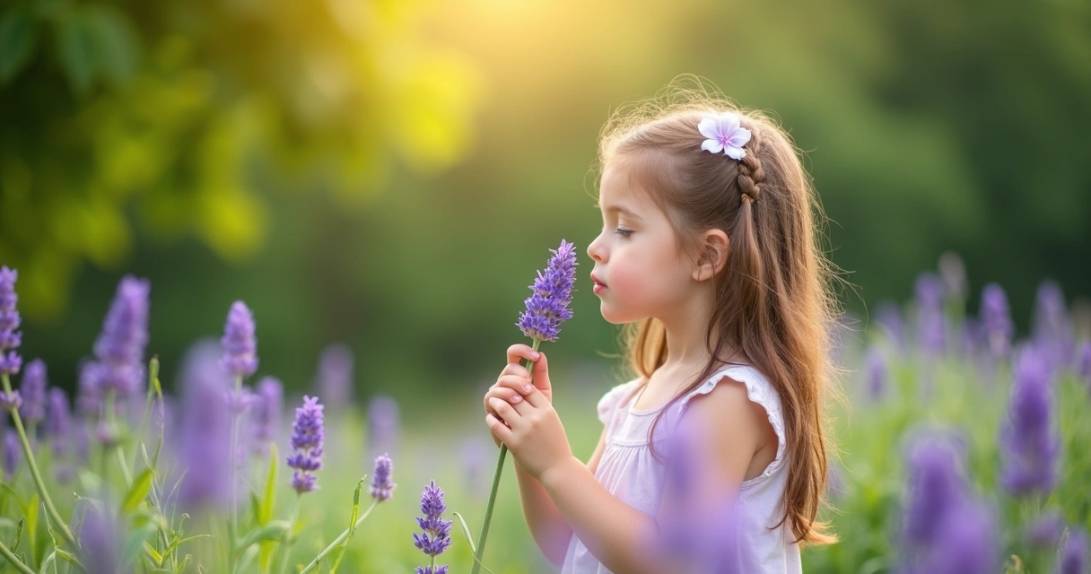 Menina cheirando lavanda em ambiente saudável 