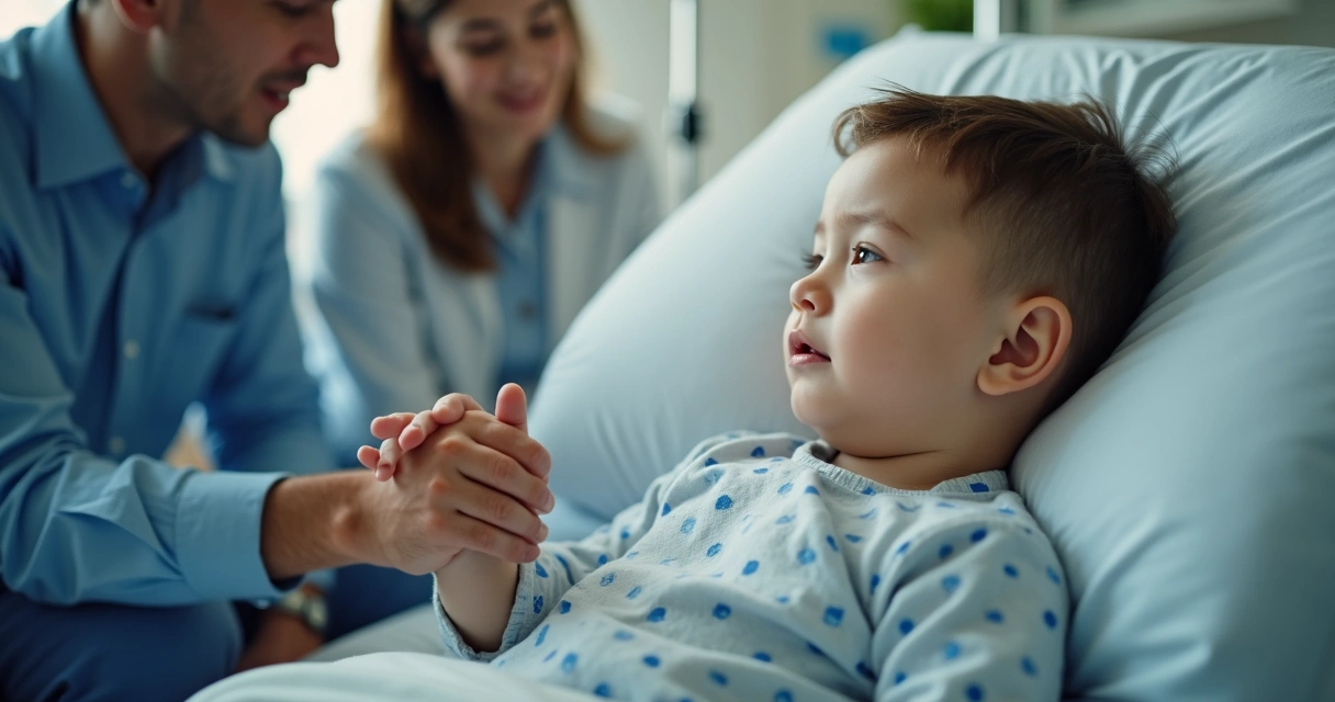 Criança em leito hospitalar sendo amparada pelos pais 