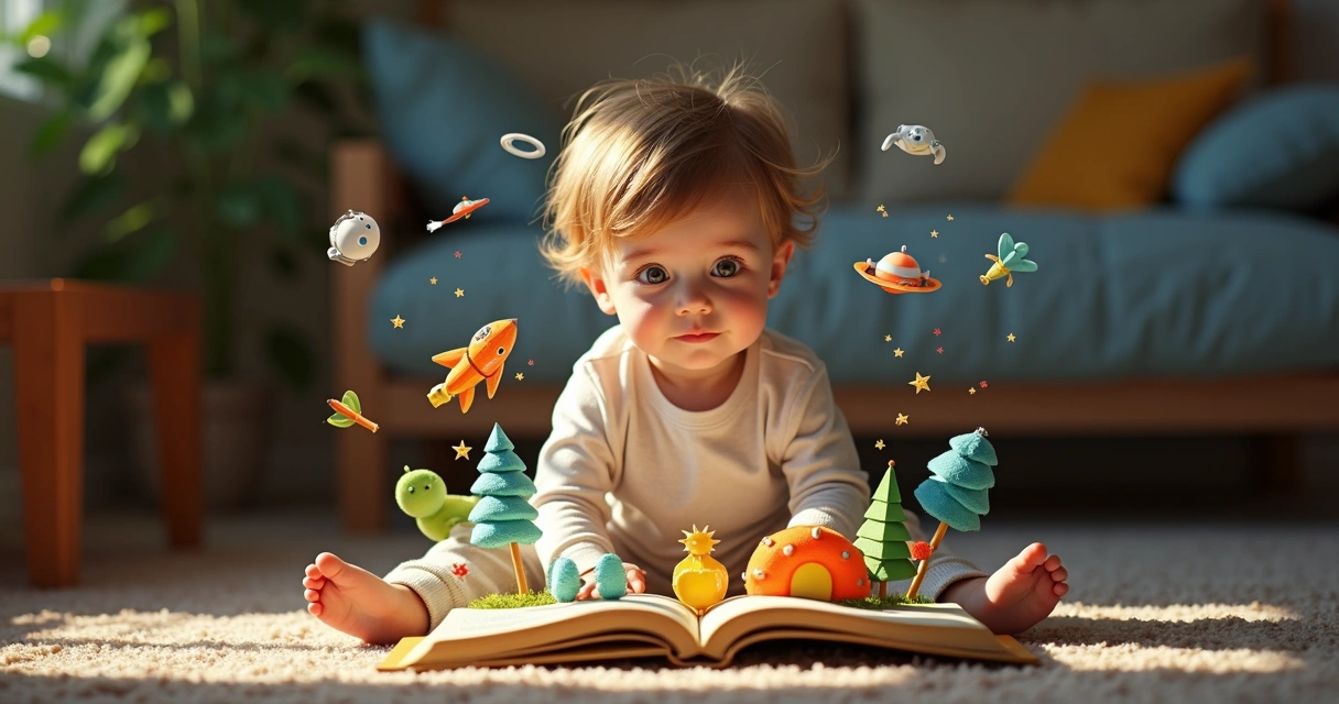 Criança lendo livro com ilustrações coloridas ao redor 